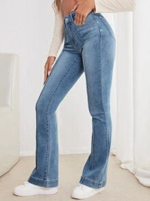 SHEIN Frenchy Seam Detail Flare Leg Jeans Winter Casual - Medium Wash - View 3