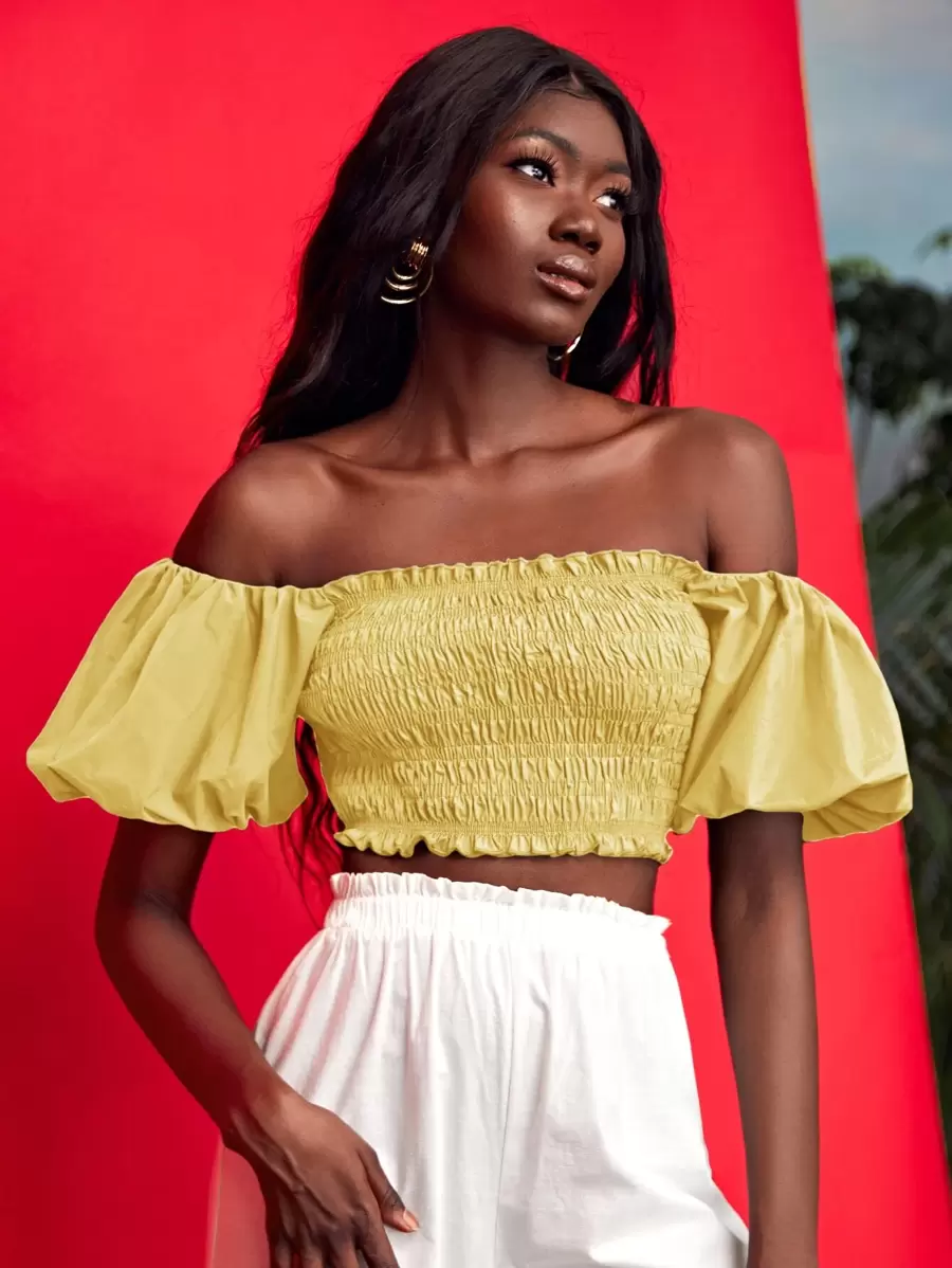 SHEIN Unity Off Shoulder Puff Sleeve Shirred Top - Yellow - View 1