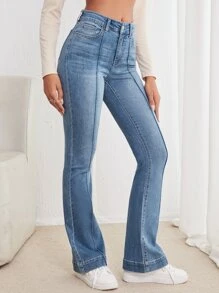 SHEIN Frenchy Seam Detail Flare Leg Jeans Winter Casual - Medium Wash - View 4