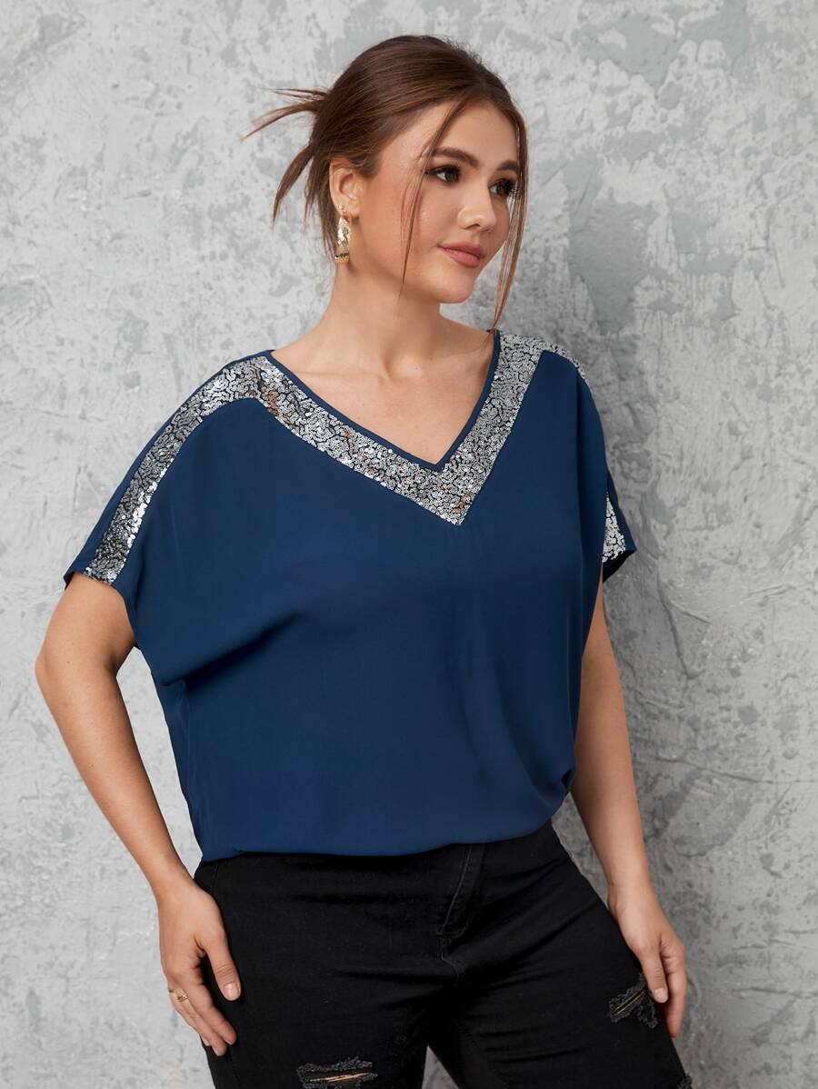 SHEIN Essnce Áo sơ mi Plus Size ghép mộng kim sa Khối Màu Giải trí - Màu xanh hải quân - Xem 1