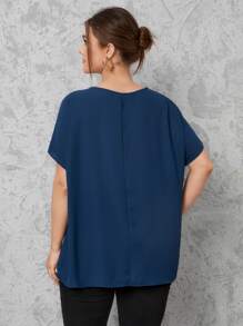 SHEIN Essnce Áo sơ mi Plus Size ghép mộng kim sa Khối Màu Giải trí - Màu xanh hải quân - Xem 2