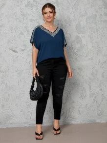 SHEIN Essnce Áo sơ mi Plus Size ghép mộng kim sa Khối Màu Giải trí - Màu xanh hải quân - Xem 4