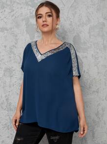 SHEIN Essnce Áo sơ mi Plus Size ghép mộng kim sa Khối Màu Giải trí - Màu xanh hải quân - Xem 5