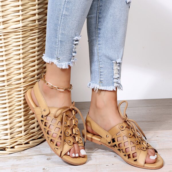 

Hollow Out Lace-up Front Slingback Sandals, Brown