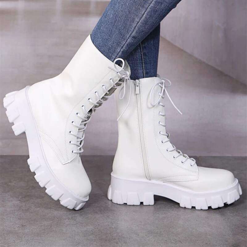 

Side Zipper Lace-up Front Combat Boots, White