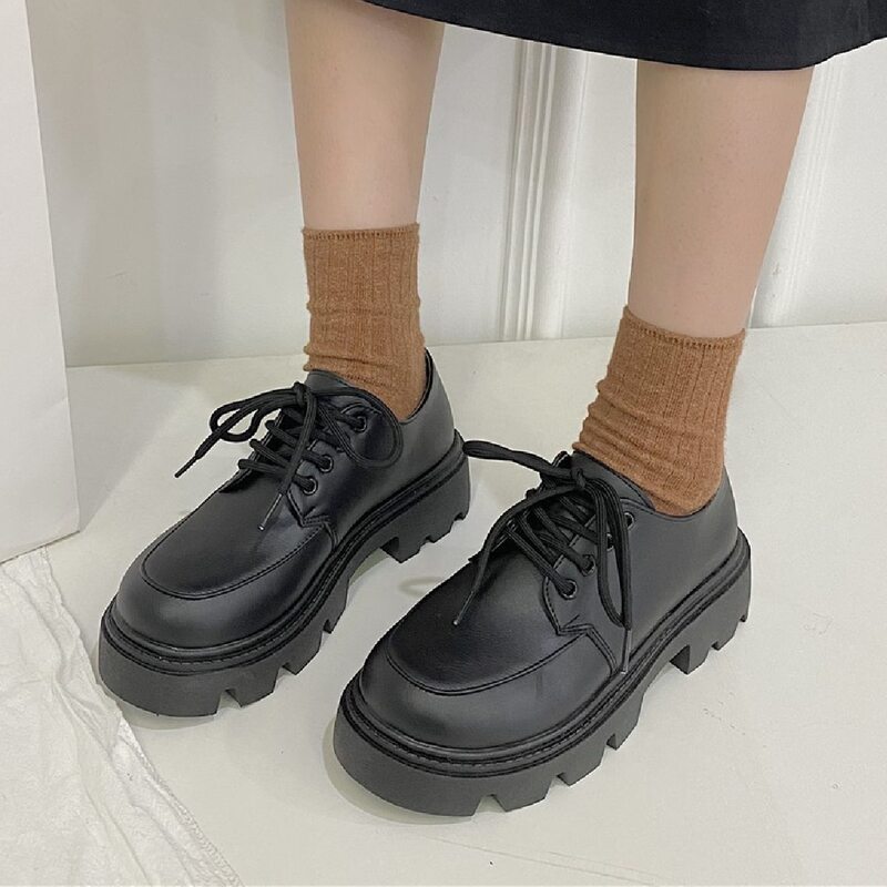 

Lace-up Front Flatform Oxford Shoes, Black