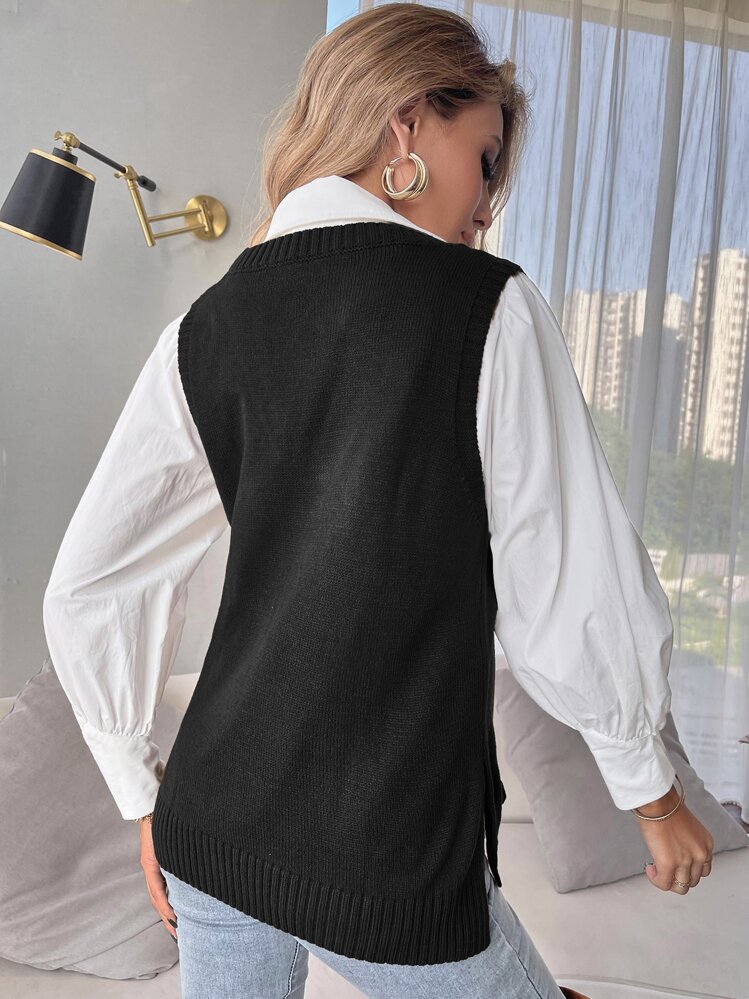 SHEIN Essnce Split Hem Sweater Vest Without Blouse In Fall/Winter - Black - View 2
