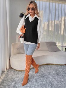 SHEIN Essnce Split Hem Sweater Vest Without Blouse In Fall/Winter - Black - View 3