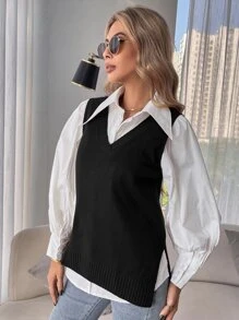 SHEIN Essnce Split Hem Sweater Vest Without Blouse In Fall/Winter - Black - View 5