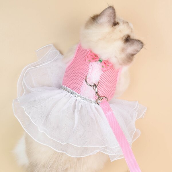 

1pc Lace Dress Pet Harness & 1pc Pet Collar, Pink