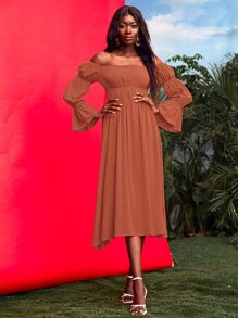 SHEIN VCAY 20% LINEN Solid Off Shoulder Flounce Sleeve Ruched Waist Dress - Rust Brown - View 1