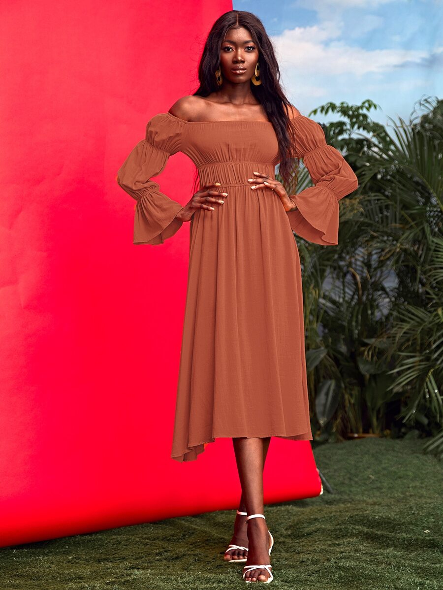 SHEIN VCAY 20% LINEN Solid Off Shoulder Flounce Sleeve Ruched Waist Dress - Rust Brown - View 1