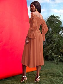 SHEIN VCAY 20% LINEN Solid Off Shoulder Flounce Sleeve Ruched Waist Dress - Rust Brown - View 2