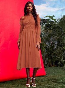 SHEIN VCAY 20% LINEN Solid Off Shoulder Flounce Sleeve Ruched Waist Dress - Rust Brown - View 4