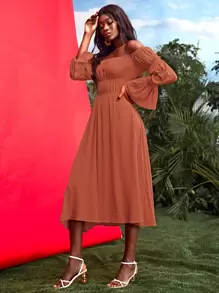 SHEIN VCAY 20% LINEN Solid Off Shoulder Flounce Sleeve Ruched Waist Dress - Rust Brown - View 5