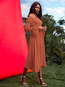 SHEIN VCAY 20% LINEN Solid Off Shoulder Flounce Sleeve Ruched Waist Dress - Rust Brown - View 6