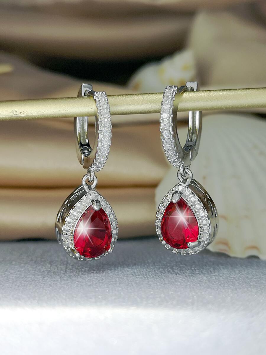 方晶鋯石水滴墜飾耳環 - 紅色 - 查看 1