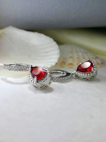 方晶鋯石水滴墜飾耳環 - 紅色 - 查看 2