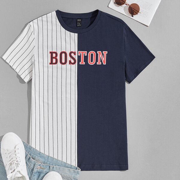 

Men Pinstriped Letter Graphic Color Block Tee, Blue and white