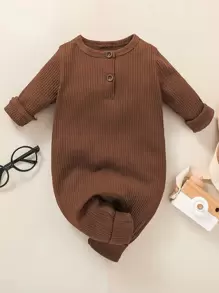男女嬰通用半排扣連身褲 - 咖啡棕 - 查看 1