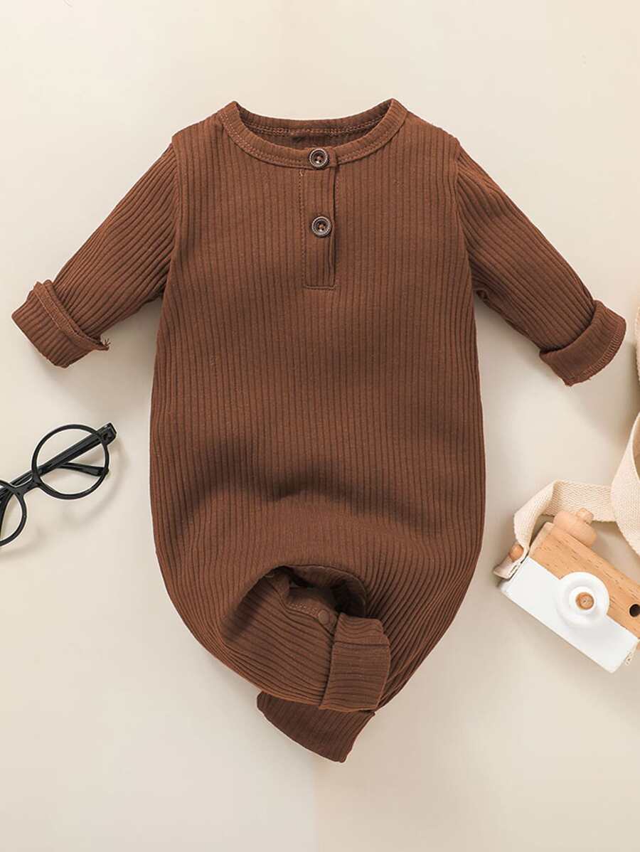 男女嬰通用半排扣連身褲 - 咖啡棕 - 查看 1