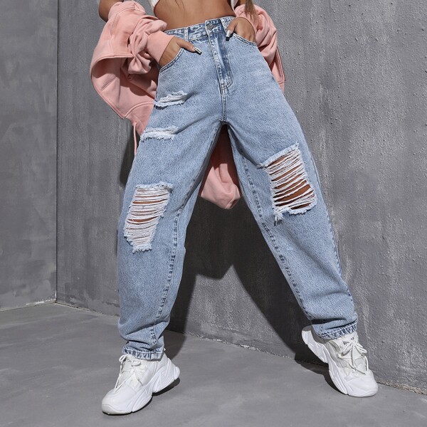 

Ripped Wide Leg Jeans, Light wash