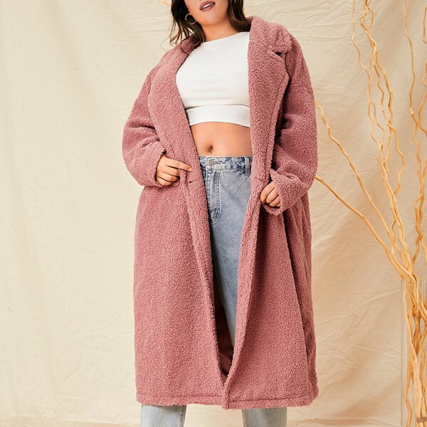 

Plus Drop Shoulder Double Button Teddy Coat, Dusty pink