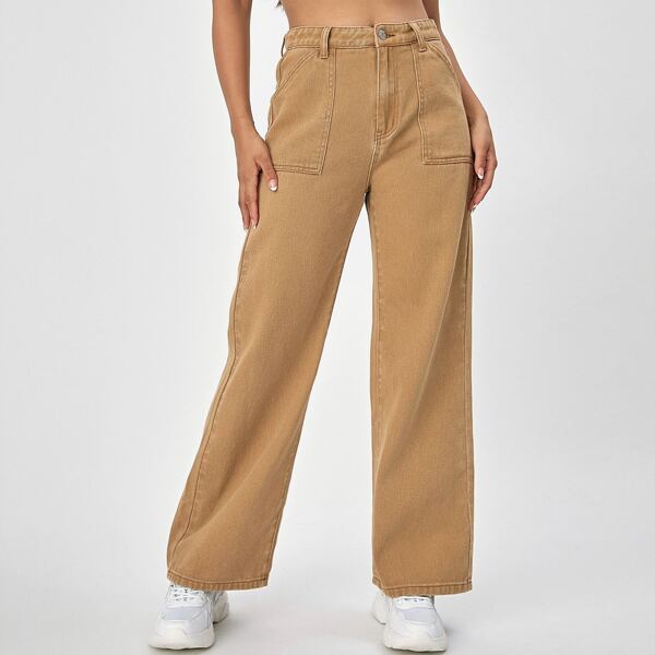 

Slant Pocket Solid Wide Leg Jeans, Camel