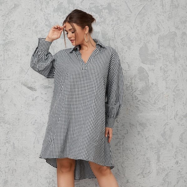 

Plus Gingham Print Lantern Sleeve Dress Without Belt, Black and white