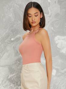 SHEIN EZwear Ribbed Neon Pink Form-Fitting Halter Top - Coral Pink - View 5