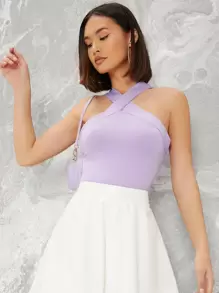 SHEIN BAE Form-Fitting Crisscross Halter Top - Lilac Purple - View 1