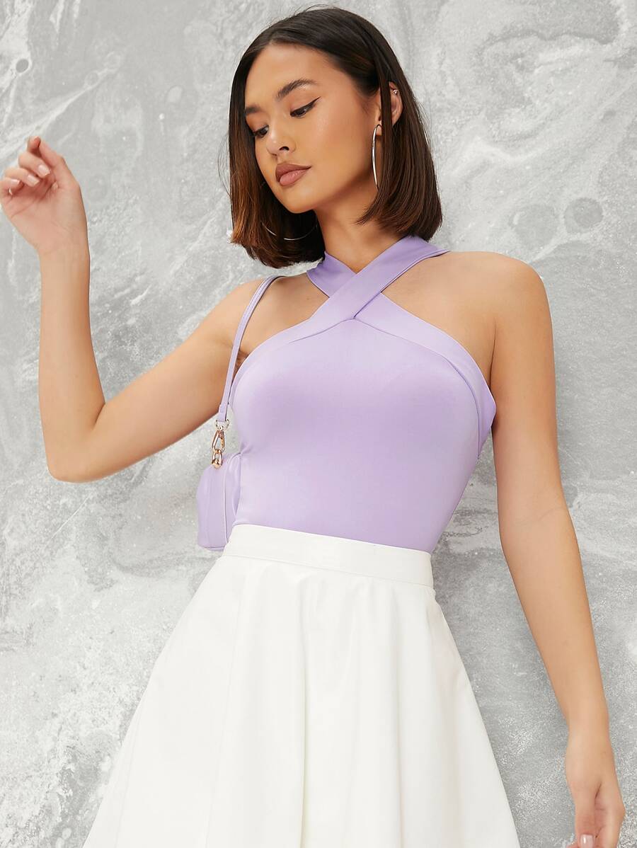 SHEIN BAE Form-Fitting Crisscross Halter Top - Lilac Purple - View 1
