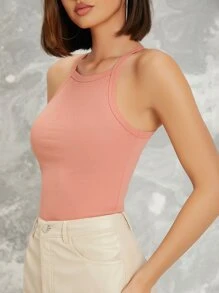 SHEIN EZwear Ribbed Neon Pink Form-Fitting Halter Top - Coral Pink - View 6