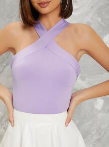 SHEIN BAE Form-Fitting Crisscross Halter Top - Lilac Purple - View 5