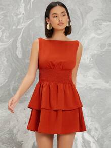 SHEIN Ruched Smocked Tiered Ruffled Mini Dress - Rust Brown - View 1