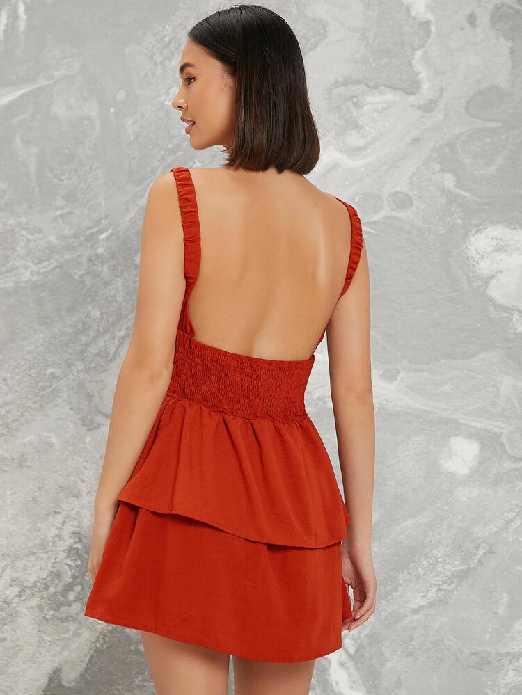 SHEIN Đầm Lộ Lưng màu trơn Giải trí - Rỉ Nâu - Xem 2