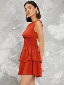 SHEIN Ruched Smocked Tiered Ruffled Mini Dress - Rust Brown - View 3