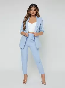 SHEIN SXY Shawl Neck Open Front Blazer & Pants Suit In Fall/Winter - Baby Blue - View 3
