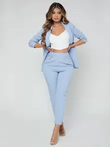 SHEIN SXY Shawl Neck Open Front Blazer & Pants Suit In Fall/Winter - Baby Blue - View 4