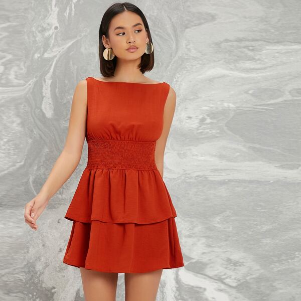 

Ruched Smocked Tiered Ruffled Mini Dress, Rust brown