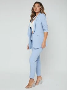 SHEIN SXY Shawl Neck Open Front Blazer & Pants Suit In Fall/Winter - Baby Blue - View 5