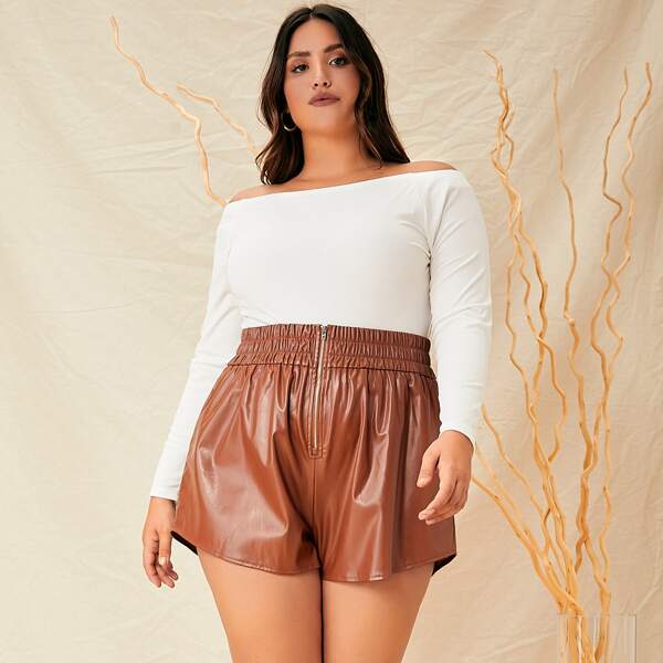 

Plus Shirred Waist Zip Front PU Leather Shorts, Coffee brown