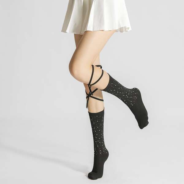 

1pair Tie Leg Socks, Black