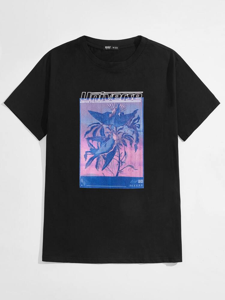 ROMWE MEN Guys Letter Bird Graphic Tee - Black - View 1