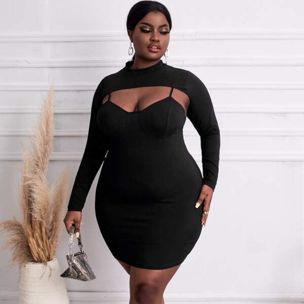 

Plus Stand Neck Super Crop Top & Bodycon Dress, Black