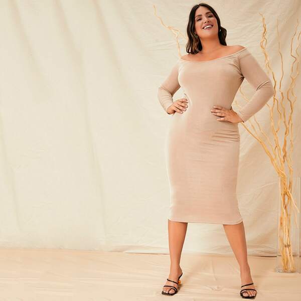 

Plus Solid Off Shoulder Fitted Dress, Apricot