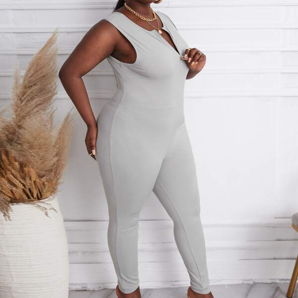 

Plus Backless Zip Up Unitard Jumpsuit, Light grey