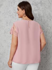 SHEIN Clasi Top de manga con encaje de cuello con abertura de ojal - Rosa vieja - Ver 2