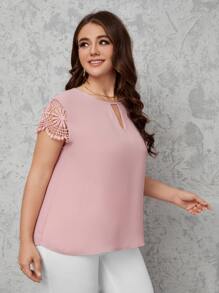 SHEIN Clasi Top de manga con encaje de cuello con abertura de ojal - Rosa vieja - Ver 3