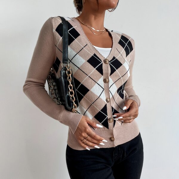 

Argyle Pattern Button Up Cardigan, Multicolor